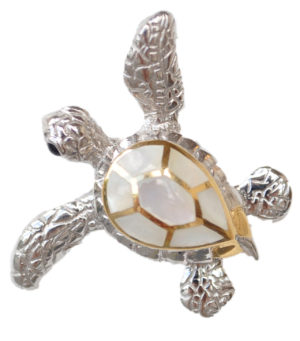 Sterling silver and 18kt gold Swimming Turtle Stud Earrings with mother of pearl by kovel