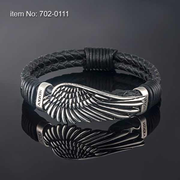 Sterling silver wing bracelet 19 mm width surrounded by two sterling silver bands. Genuine leather