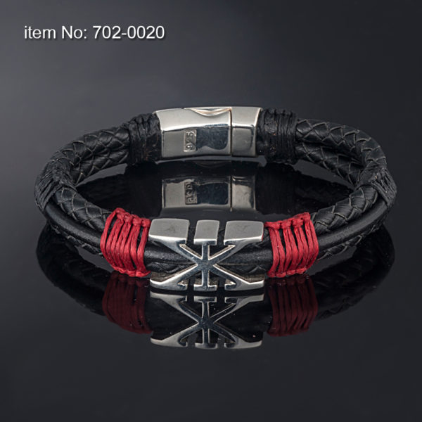 Sterling silver bracelet with AXION signature motif (12 mm). Genuine braided leather