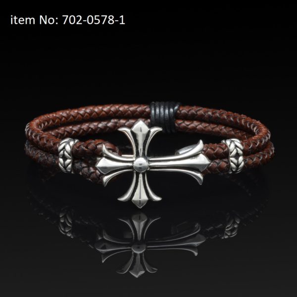 Sterling silver bracelet with cross and brown braided leather