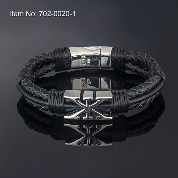 Sterling silver bracelet with AXION signature motif (12 mm). Genuine braided leather