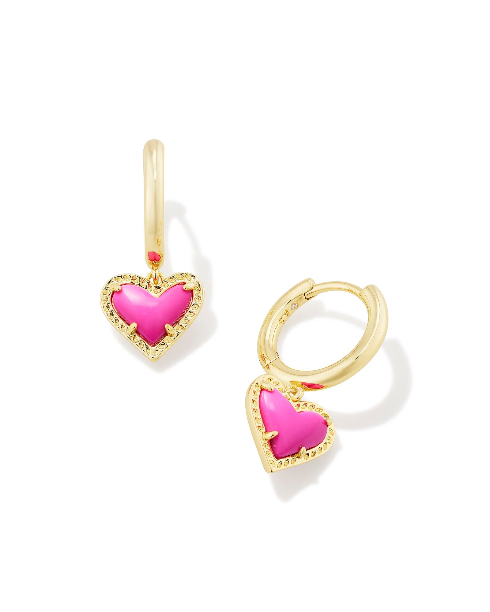 Ari Heart Huggie Earrings - Gold with Neon Pink Magnesite
