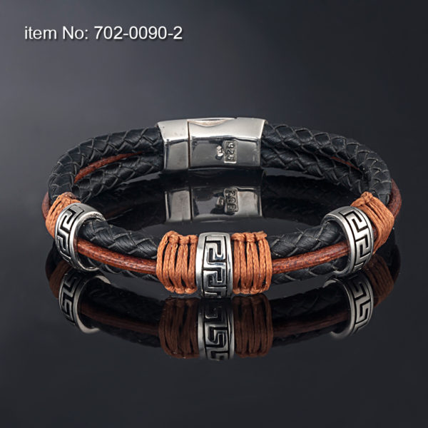 Sterling silver bracelet with greek key motif (12 mm). Genuine leather On genuine leather (colors as shown in pictures) Sterling silver, magnetic, heavy-duty clasp For Men or Ladies Hand crafted in Greece by AXION JEWELRY DESIGN