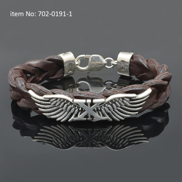 Sterling silver bracelet with Axion wings - Genuine braided brown leather.