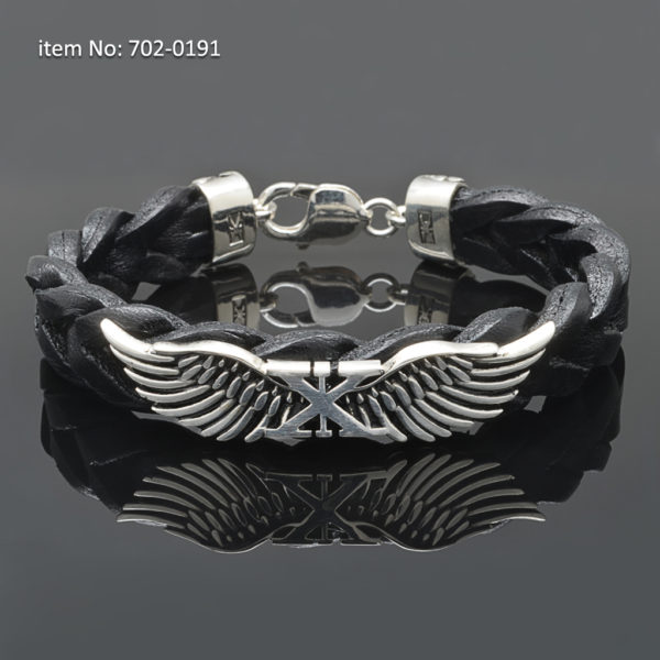 Sterling silver bracelet with Axion wings - Genuine braided black leather.