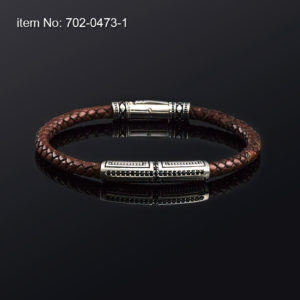 Bracelet with Sterling Silver design in black zircon and brown braided genuine leather