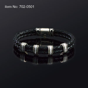 Bracelet with Sterling Silver design in black zircon and black braided genuine leather