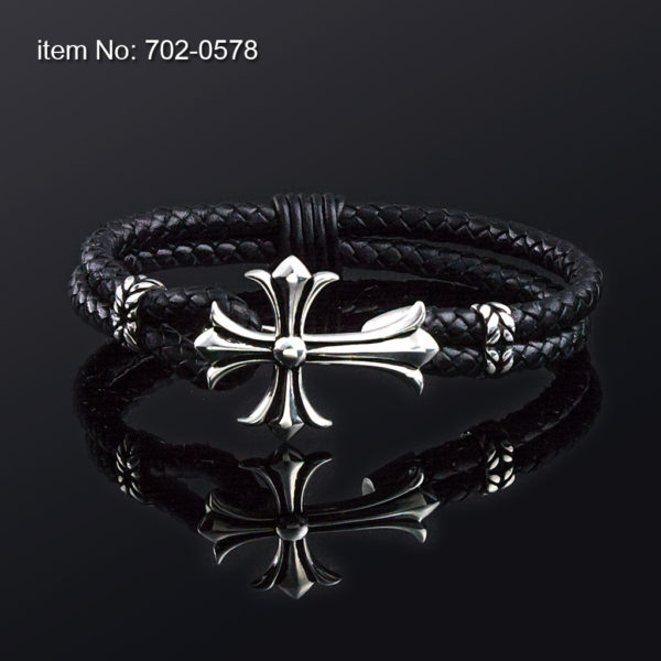 Sterling silver bracelet with cross and black braided leather