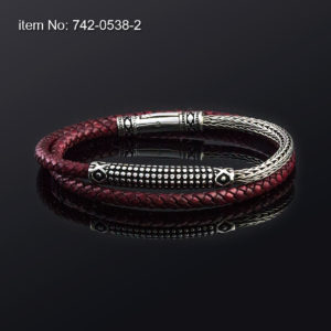 Sterling double wrap silver bracelet with sea urchin motif, braided chain and genuine braided red leather For Men or Ladies Hand crafted in Greece by AXION JEWELRY DESIGN