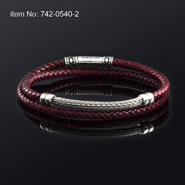 Sterling double wrap silver bracelet with braided chain and braided genuine red leather