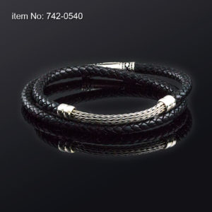 Sterling double wrap silver bracelet with braided chain and braided genuine black leather