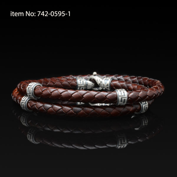 Sterling silver double wrap bracelet with greek motifs 6mm and genuine brown leather