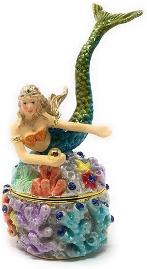 Kubla Crafts Enameled Mermaid on Coral Trinket Box, Accented with Austrian Crystals, 4.25 Inches Tall