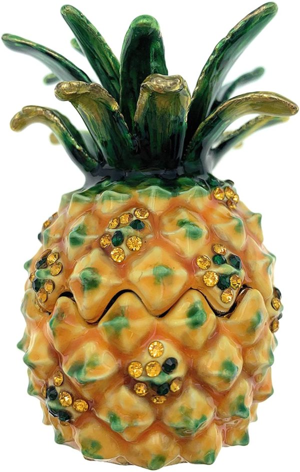 Kubla Crafts Enameled Pineapple Trinket Box, Accented with Austrian Crystals, 2.5 Inches Tall