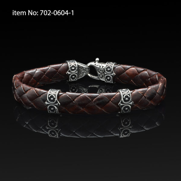 Sterling silver bracelet with Axion motif washers and braided brown leather