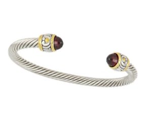 Small Nouveau Cuff with Blue CZ Two-tone wire cuff bracelet with filigree detail Aqua cubic Zirconia.  Rhodium plated premium alloy and 14kt Gold plating.Handmade in USA by john medeiros