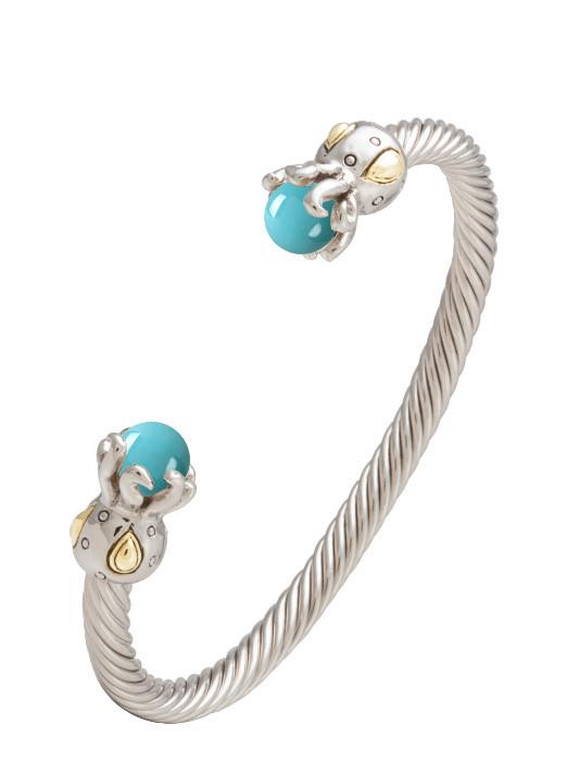 two tone open cuff bangle bracelet with octopus and turquoise ends handcrafted by john medeiros