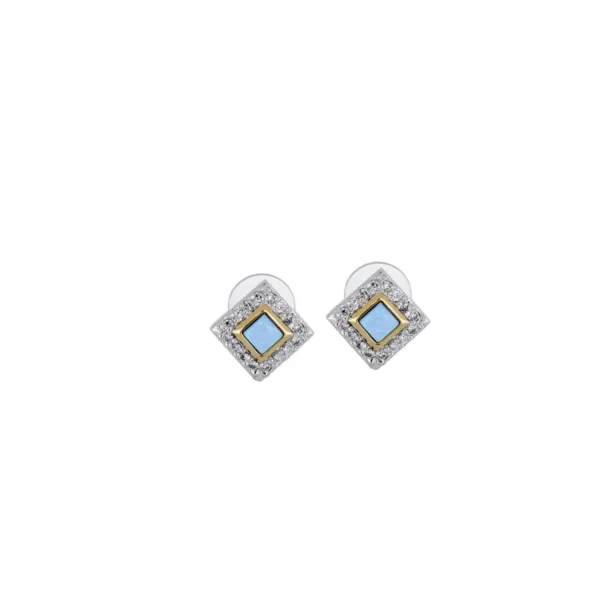 Blue Opal Diamond-Shaped Two-Tone Post Earrings - With Pavé