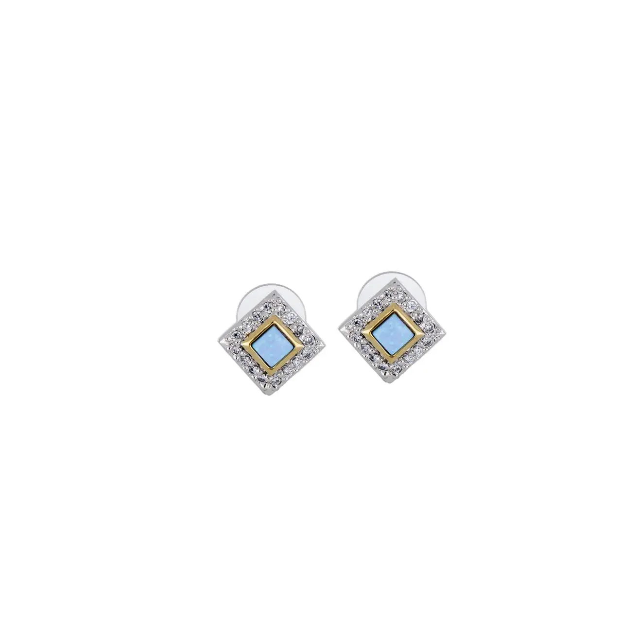Blue Opal Diamond-Shaped Two-Tone Post Earrings - With Pavé