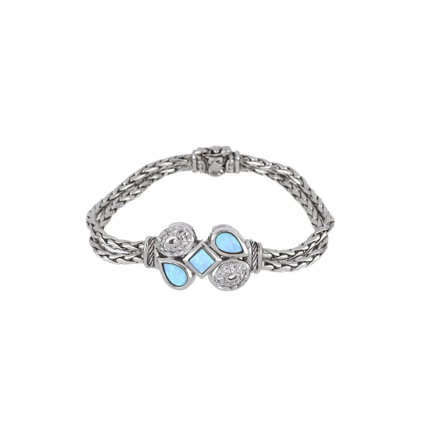 Blue Opal Double Strand Three Stone Bracelet - Rhodium with Pavé