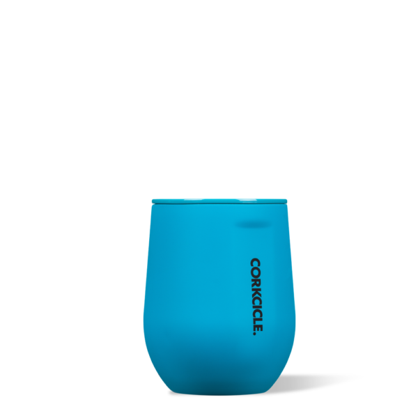 Stemless Wine Cup Neon Lights blue 12oz buttery soft-touch finish. corkcicle