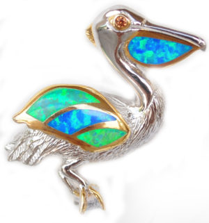 Sterling silver and 18kt gold Pelican Pendant with opals by kovel