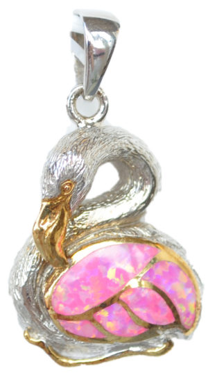 Kneeling Flamingo necklace Pendant with silver body and crushed pink opal wings by kovel
