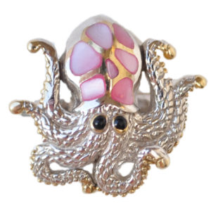 Sterling silver and 18kt gold Crawling Octopus ring with mother of pearl by kovel