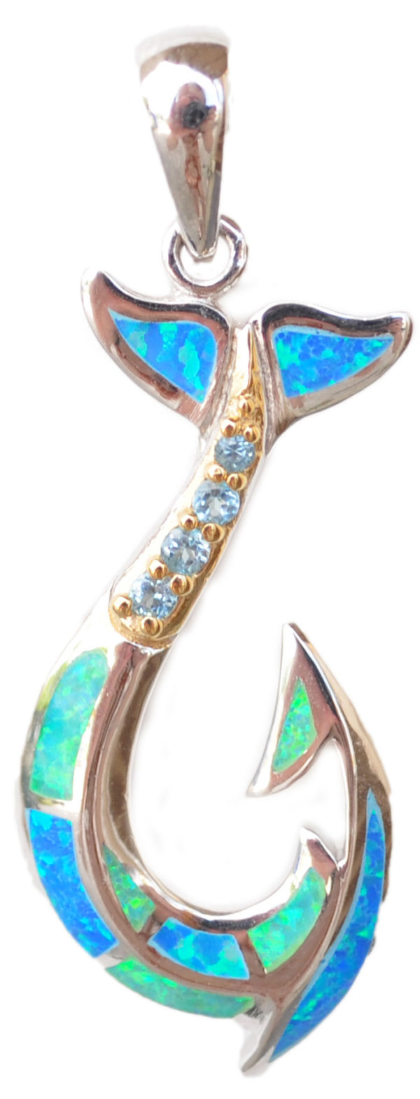Sterling silver and 18kt gold Fancy Maori Hook pendant with opals by kovel