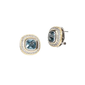two tone aqua stone Pave Accented Square Post with Clip Earrings handcrafted in the USA by John Medeiros