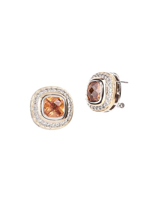 two tone champagne Pave Accented Square Post with Clip Earrings handcrafted in the USA by John Medeiros