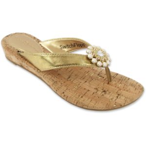 Gwen Gold Strap Flip Flops with cork sole and white and cold clip