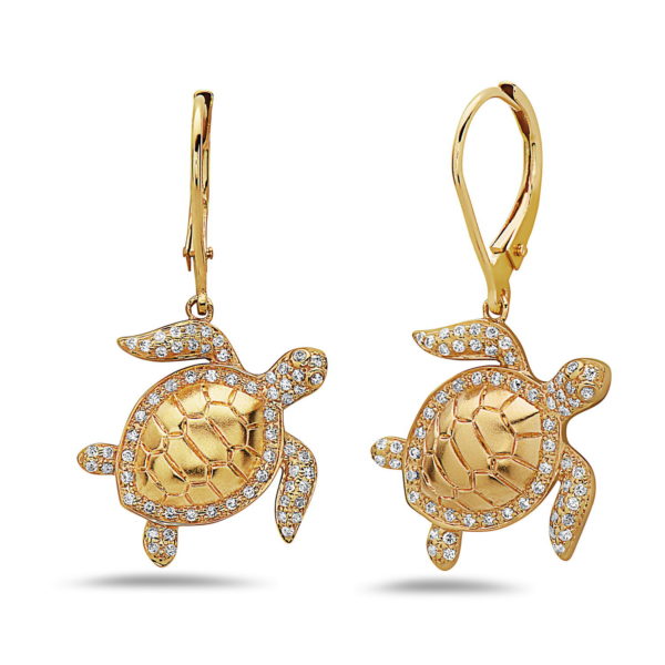Sea Turtle Yellow Gold Earrings with Diamonds