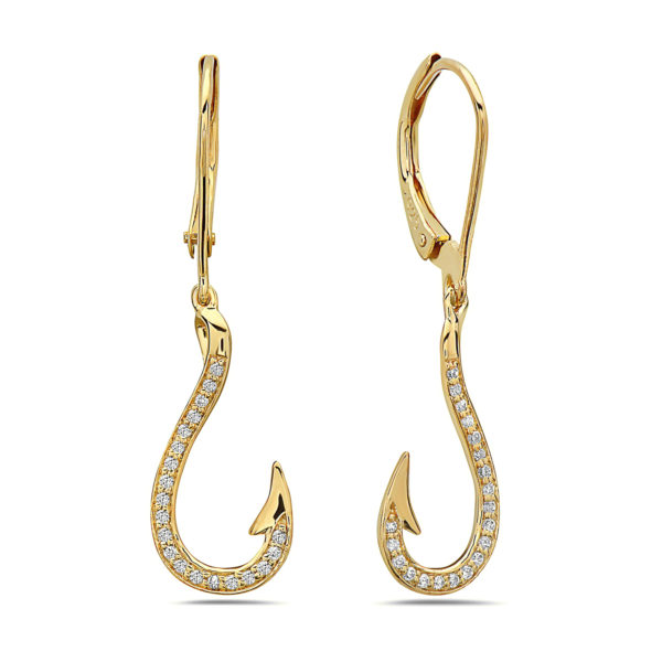Fish Hook Yellow Gold Earrings with Diamonds