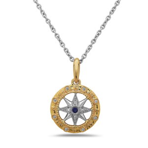Small Compass Yellow & White Gold Pendant with Diamonds & Sapphire