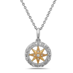 Small Compass Yellow & White Gold Pendant with Diamonds