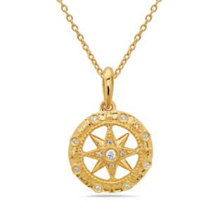 Small Compass Yellow Gold Pendant with Diamonds