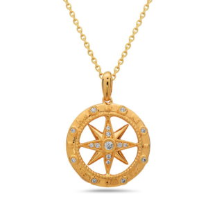 Medium Compass Yellow Gold Pendant with Diamonds