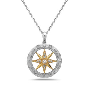 Large Compass Yellow & White Gold Pendant with Diamonds
