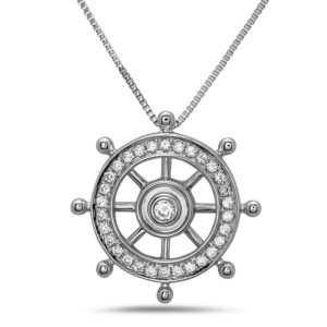 Ships Wheel White Gold Pendant with Diamonds