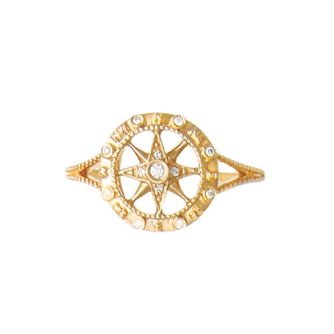 14 karat gold compass rose ring with diamonds