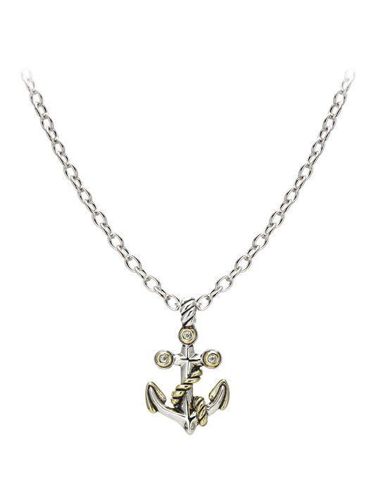 two tone anchor necklace with center stone handcrafted by john medeiros