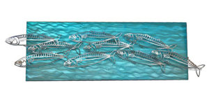 Mackerel on turquoise water background stainless steel wall art by mark malizia