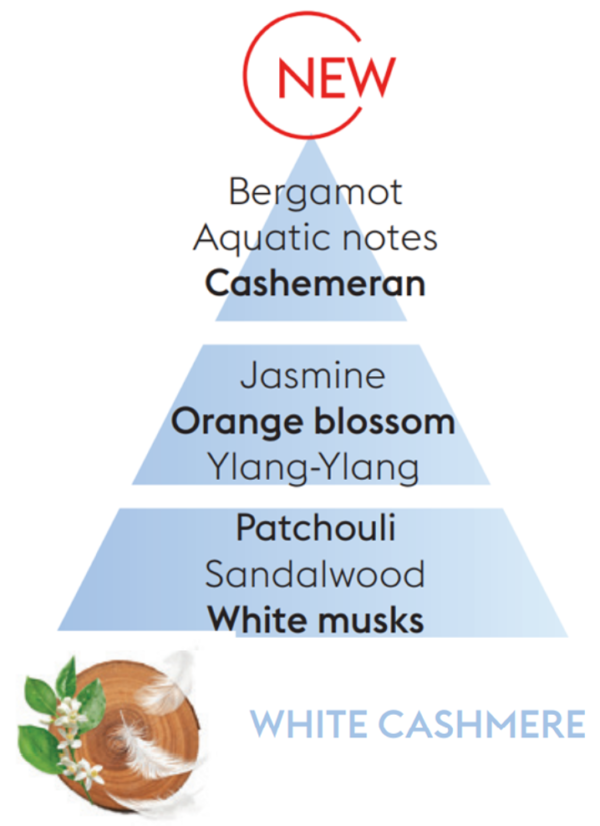 white cashmere scent pyramid TOP NOTES Bergamot, Aquatic Notes, Cashmeran Wood HEART NOTES Jasmine, Orange Blossom, Ylang Ylang BASE NOTES Patchouli, Sandalwood, White Musks
