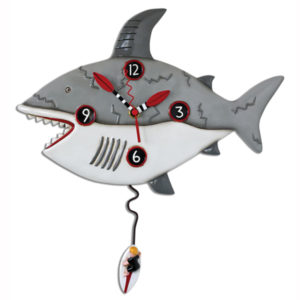shark clock with surf board pendulum and life saver time hands