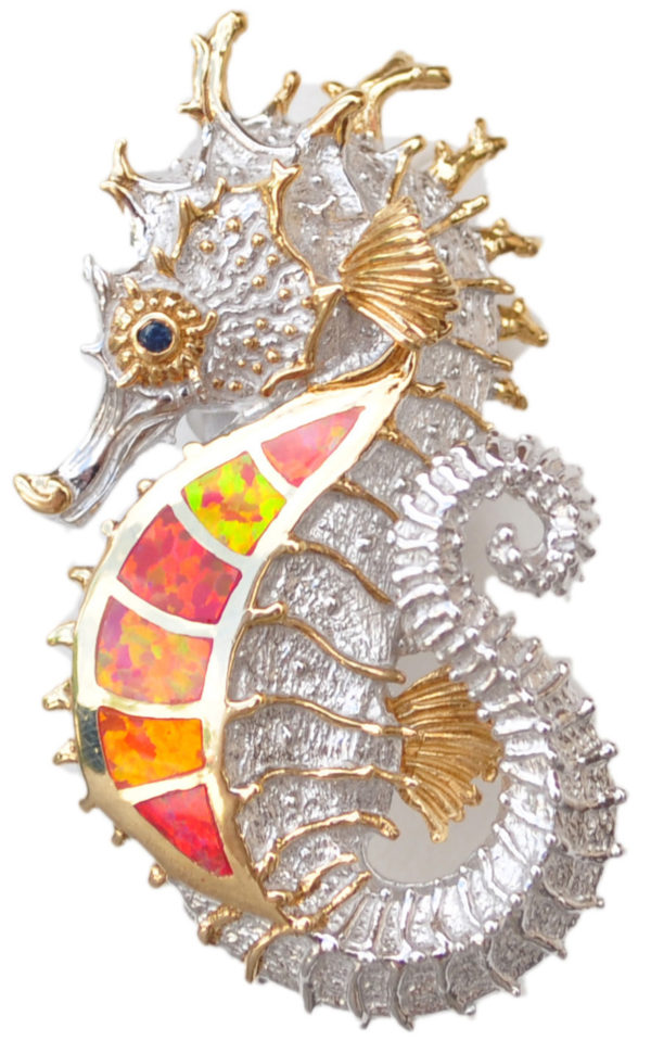 Sterling silver and 18kt gold Spiky Seahorse Pendant with opals by kovel