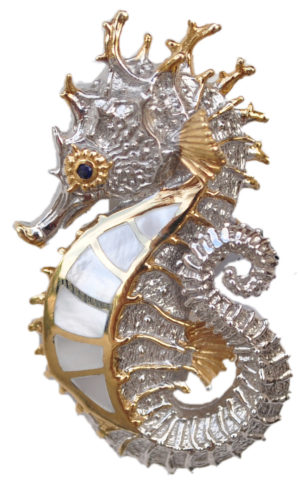 Sterling silver and 18kt gold Spiky Seahorse Pendant with mother of pearl by kovel