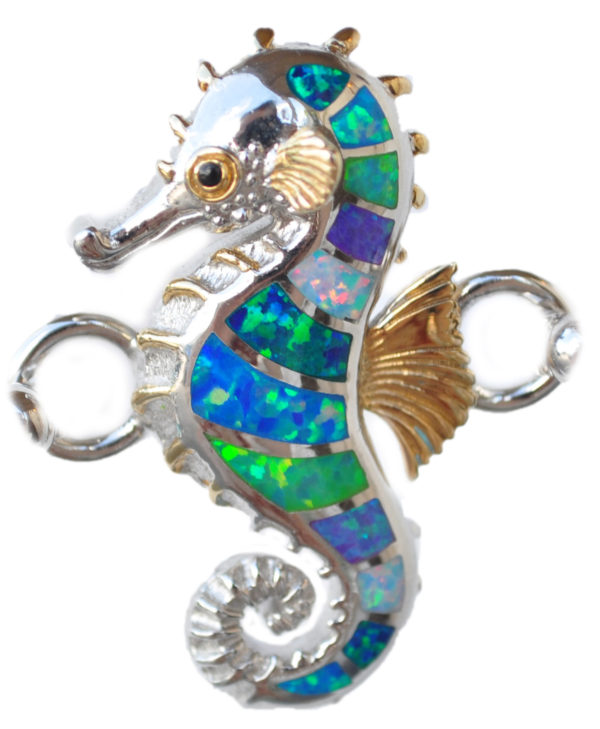 Sterling silver and 18kt gold Blues and Greens Seahorse Topper with mother of pearl by kovel