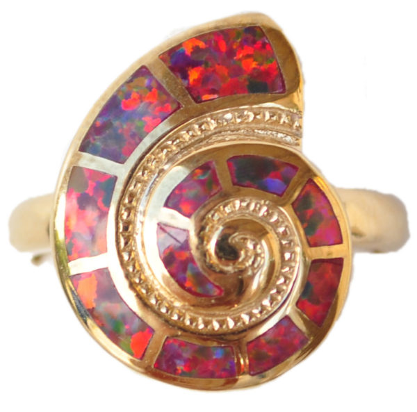 Sterling silver and 18kt gold Red Nautilus shell ring with opals by kovel