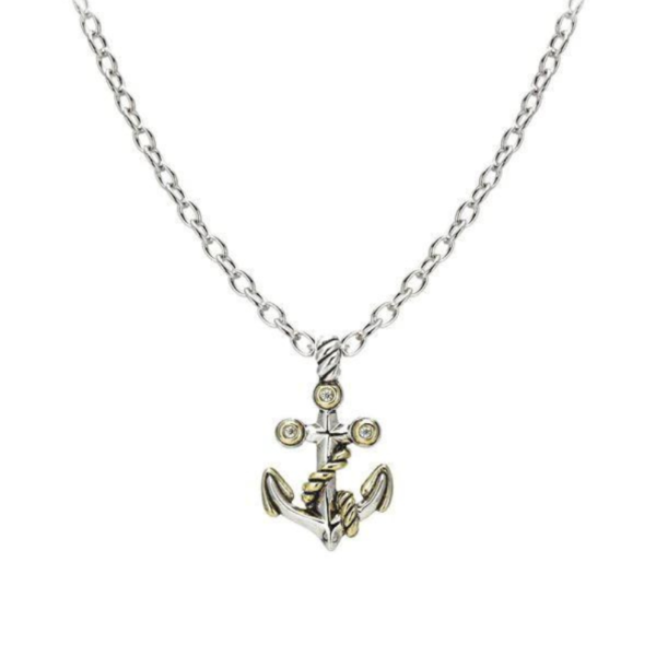 two tone anchor necklace with center stone handcrafted by john medeiros